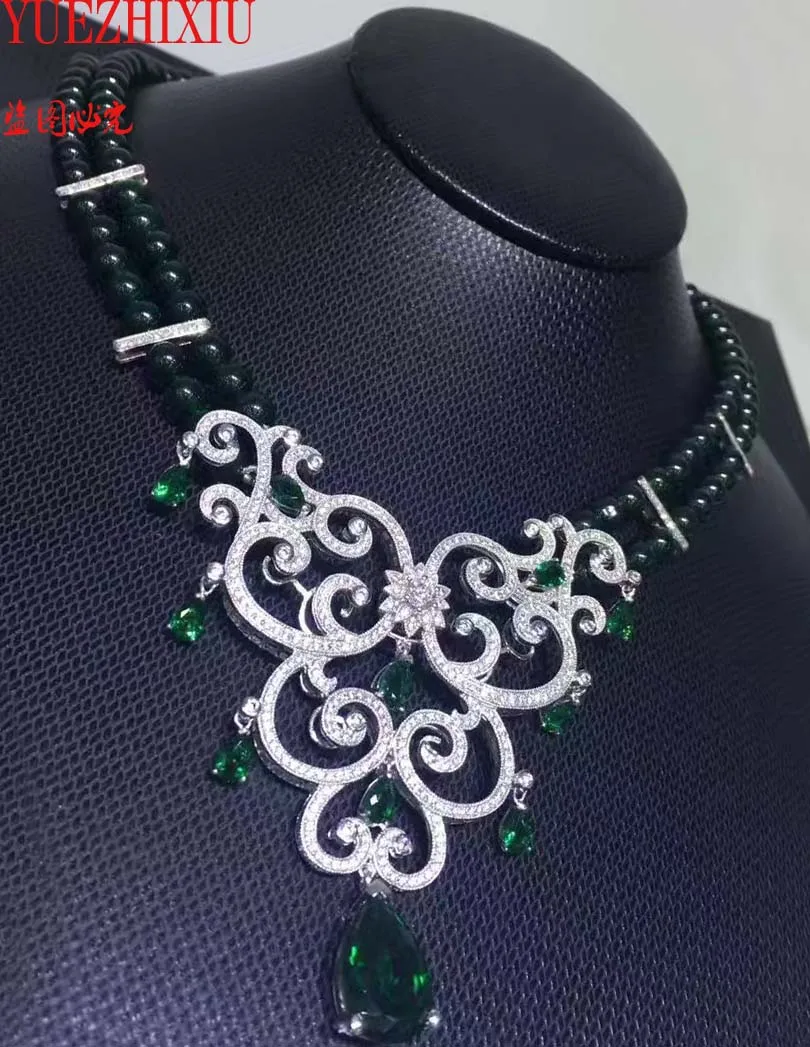 

hot sell natural green jade beads 2row 8mm micro inlay zircon clasp long necklace chain fine jewelry