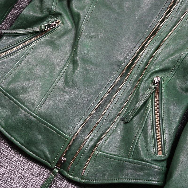 

Women's slim fit fashionable genuine green stand collar short moto biker leather jacket women sheepskin coat