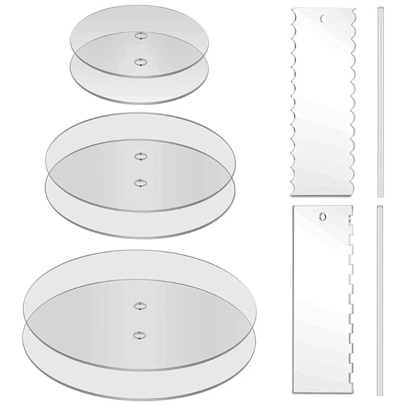 

Прозрачная акриловая круглая форма для кекса, набор из 6 дисков для торта, 2 скребков, 2 центральных дюбеля для выпечки, инструмент для украше...