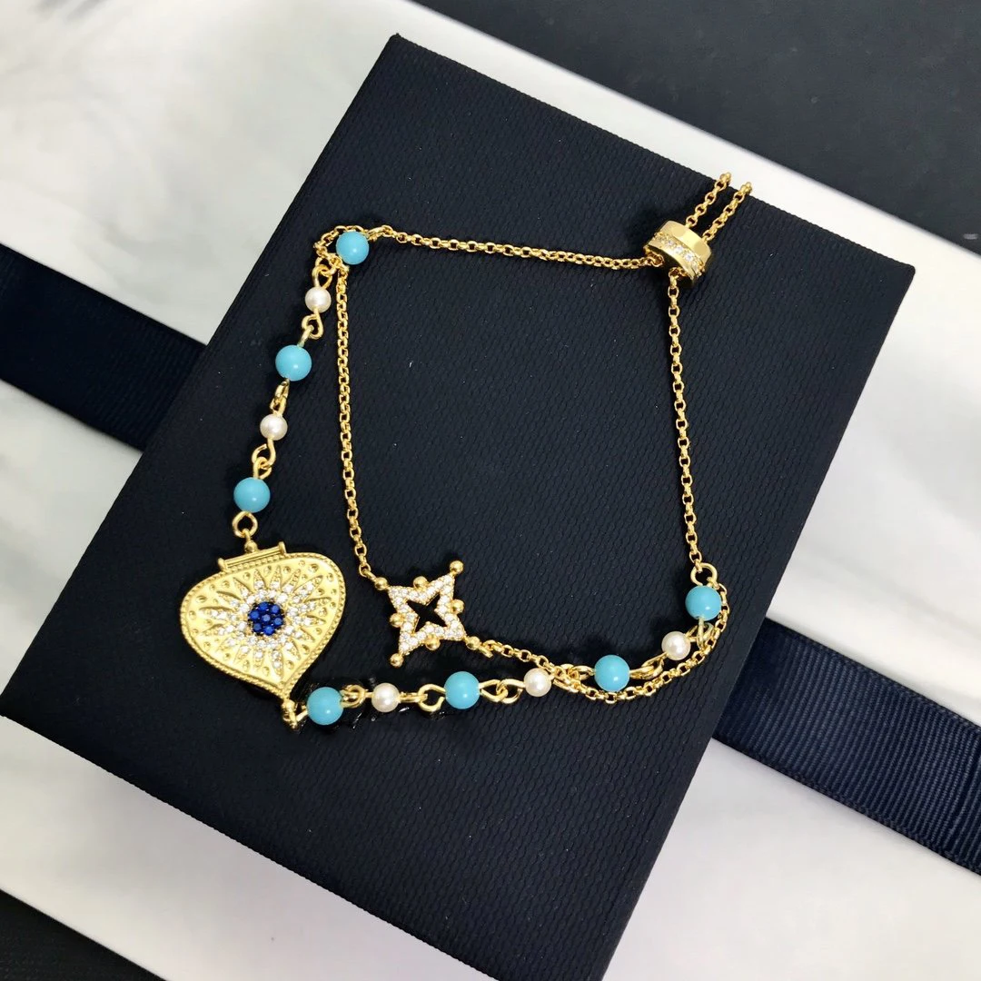 

Fashion Charm Pure 925 Silver Original 1:1 Copy,Dainty Double Chained Medal And Blus Stone Adjustable Bracelet For Female Gifts