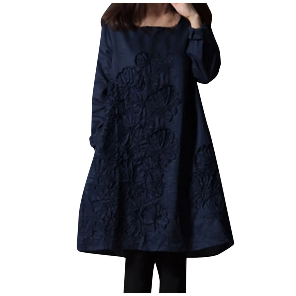 Льняное свободное платье с вышивкой и длинными рукавами женское элегантное