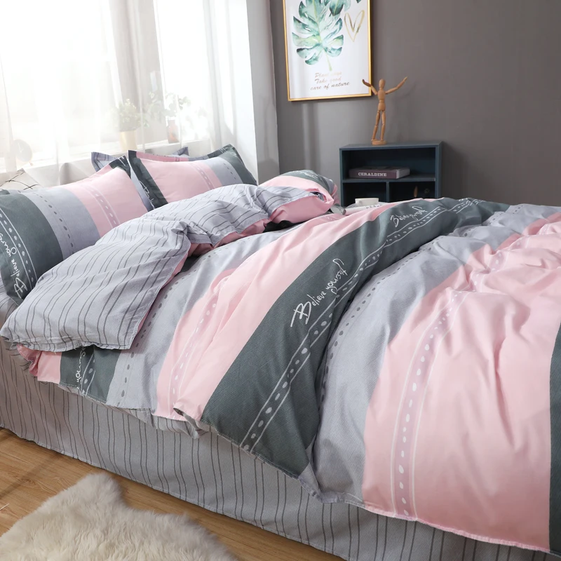 Luxury bedding sets simple European Style Printed quilt cover Bed Linen pillow cases bed sheets pink stripe duvet | Дом и сад