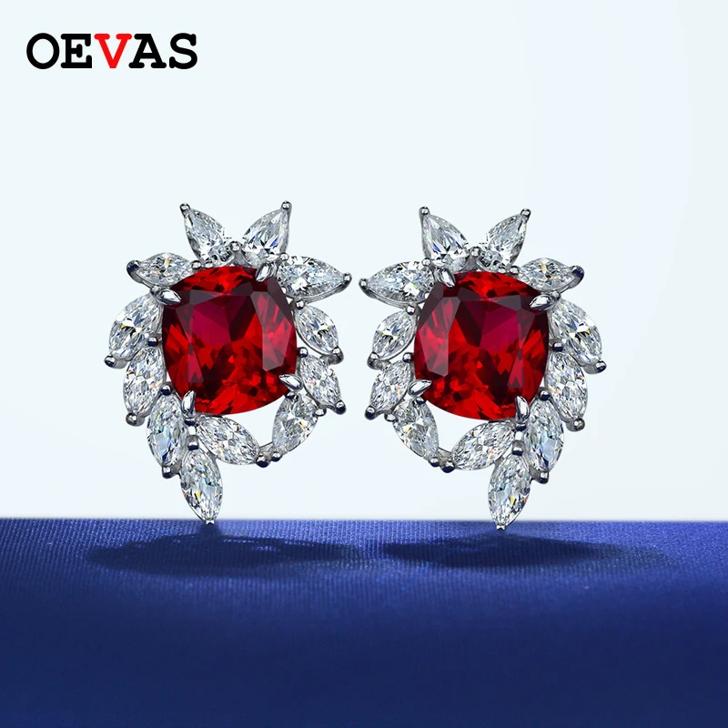 

OEVAS 100% 925 Sterling Silver Stud Earrings For Women Sparkling High Carbon Diamond 10*11mm Sapphire Ruby Party FIne Jewelry