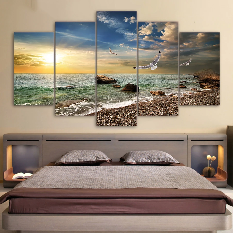 

Canvas Wall Art Pictures Kitchen Restaurant Decor 5 Pieces Sunset Landscape Animal Seagull Beach Living Room Print Posters