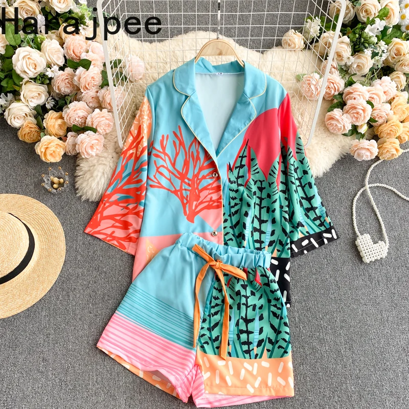 

Harajpee Fashionable Suit Pajamas 2021 Women's Design Color Blocking Printing Holiday Two Piece Set Fashion Elegant Temperament