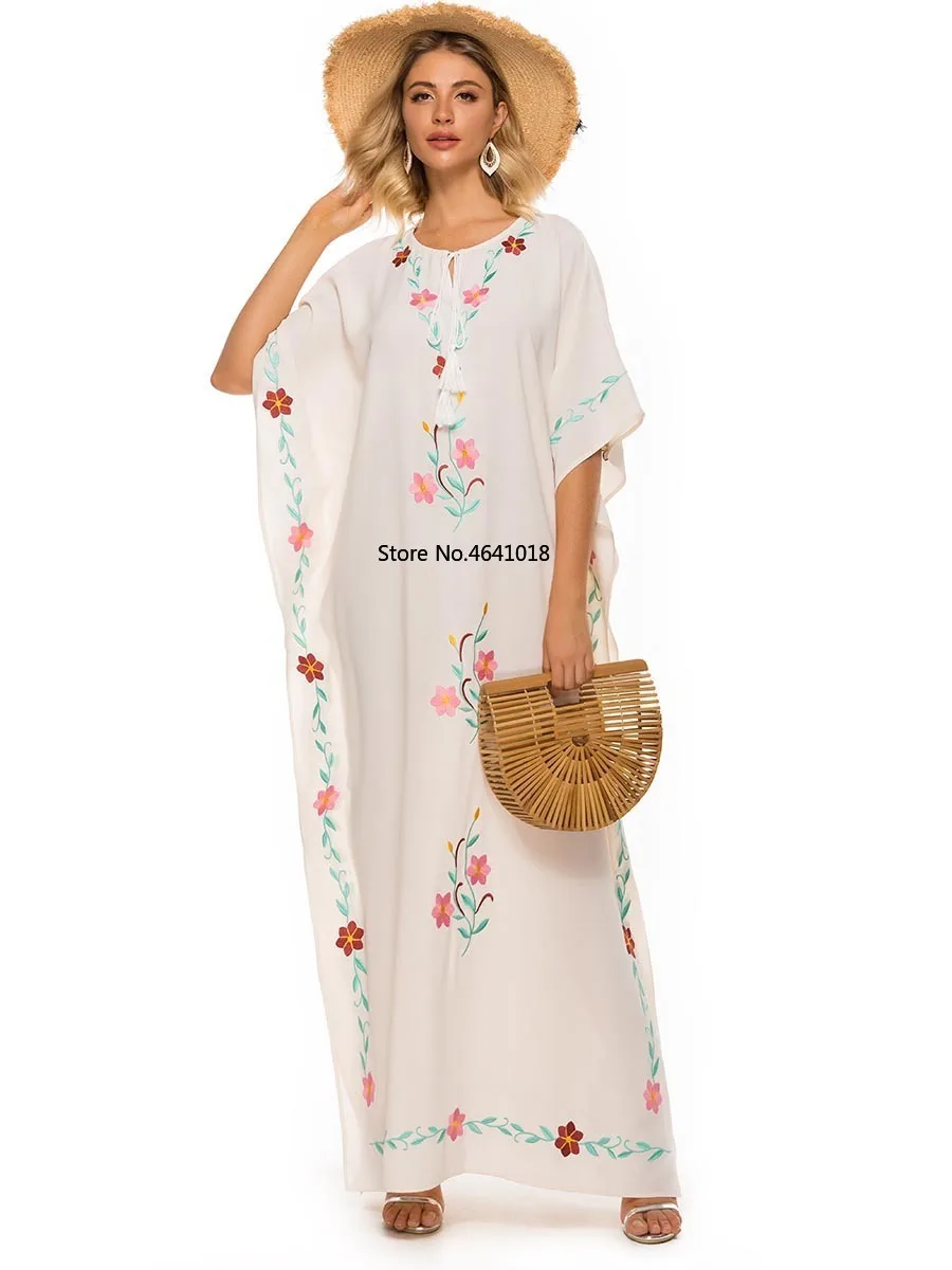 Vestidos Для женщин цветочной вышивкой с рукавом летучая мышь в богемном стиле