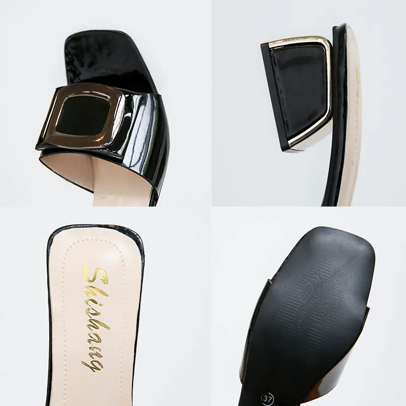 

PU Leather Buckle Metal Decoration Square Heel Slippers Retro 2021Summer Leisure Women Slides Korean Style Non-Slip Mules Shoes