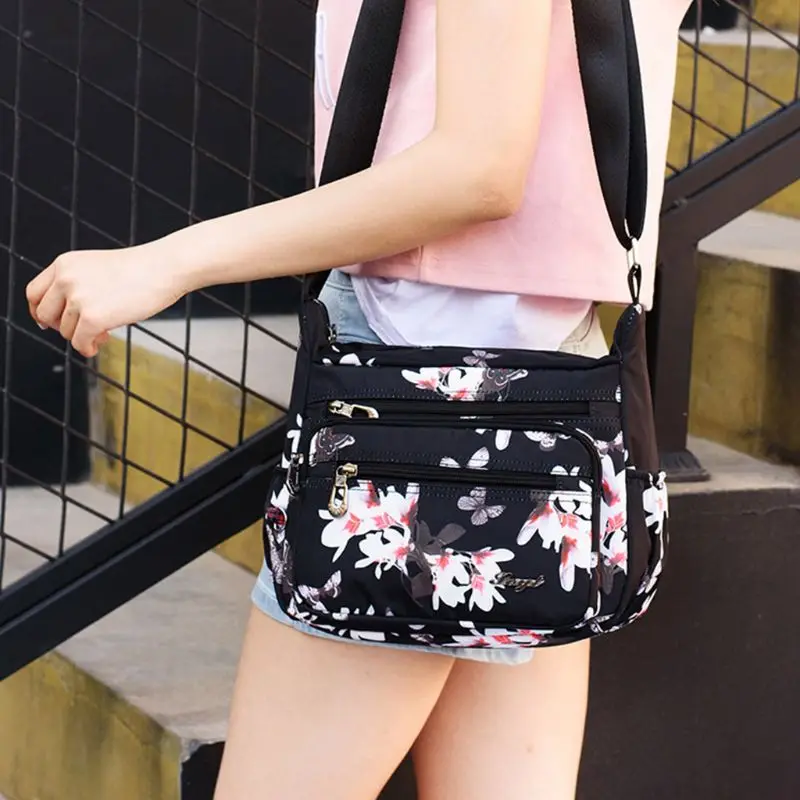 

Women Floral Nylon Shoulder Crossbody Bag Multi Zipper Messenger Satchel Tote Purse