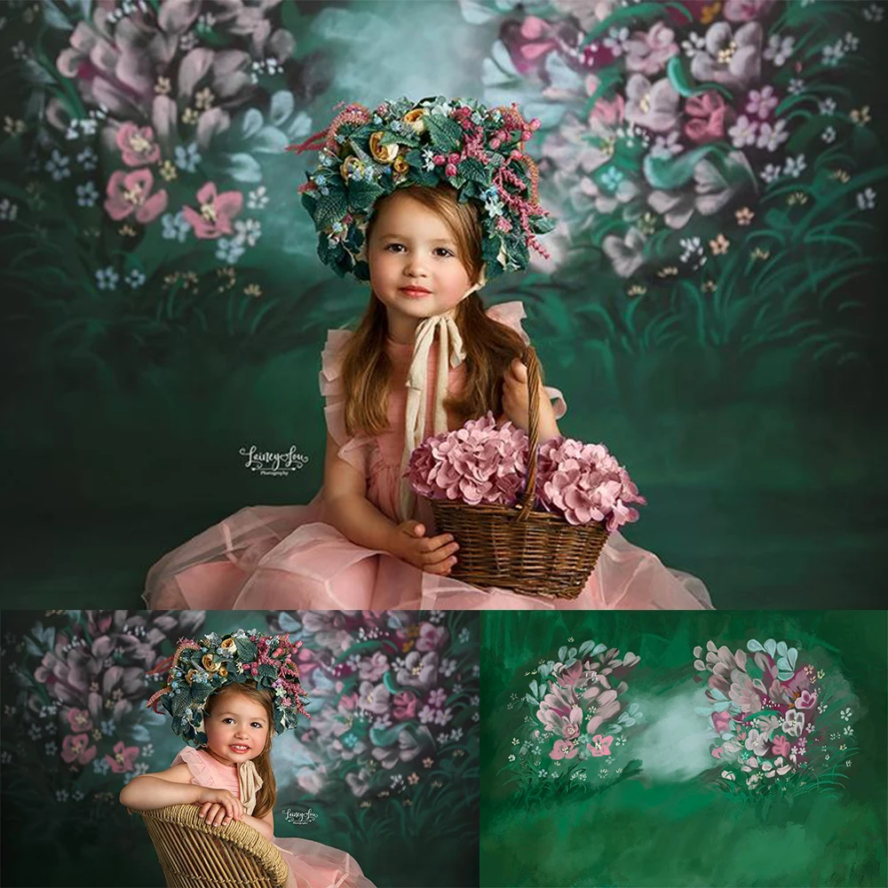 

Фон для фотосъемки новорожденных с изображением фиолетовых цветов и темно-зеленого торта