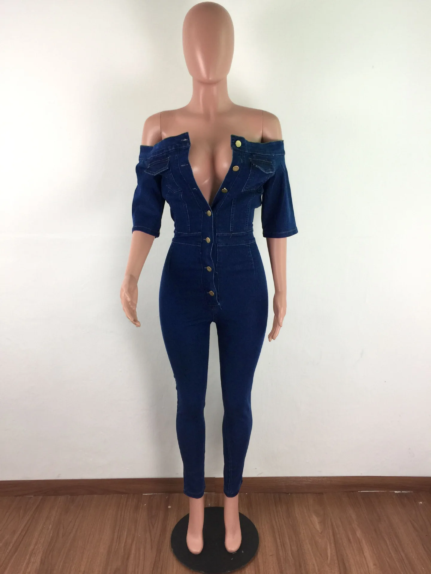 

FNOCE autumn women's playsuits young fashion sexy nightclub solid Strapless Bra off-Shoulder Slim tight Denim Jumpsuit trousers