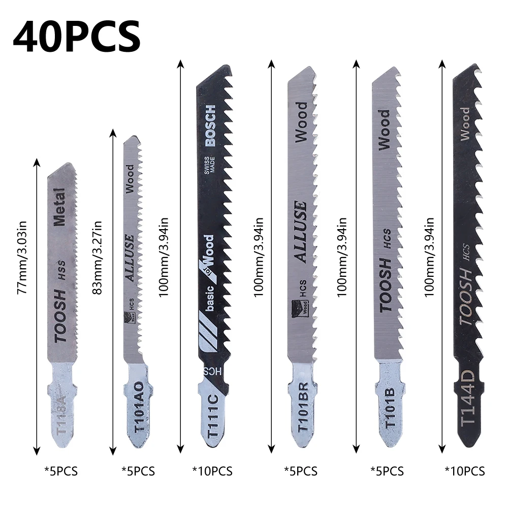 

40PCS Jig Saw Blade Jigsaw Blades Set Metal Wood Saw Blades Woodworking Cutting Dics T118A/T101AO/T101BR/T101B/T111C/T144D