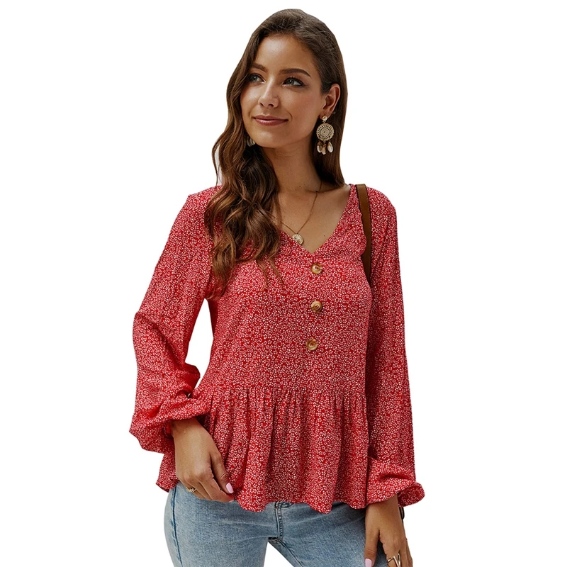 

Blusas Mujer De Moda 2021 Spring Summer Long Sleeve V Neck Shirts Women Clothing Casual Floral Print Ruffles Boho Tops Designer