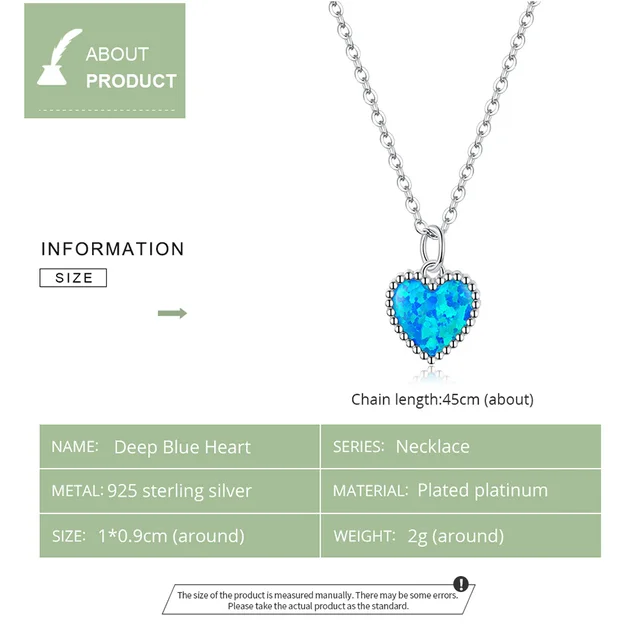 Deep Blue Heart Necklace for Women - 925 Sterling Plated 5