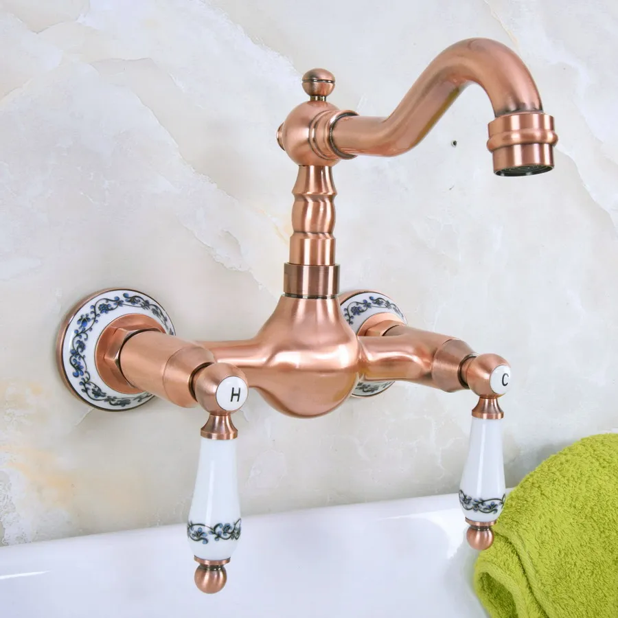 

Antique Red Copper Wall Mounted Bathroom Kitchen Basin Sink Swivel Faucet Mixer Tap Double Ceramic handle Lnf955