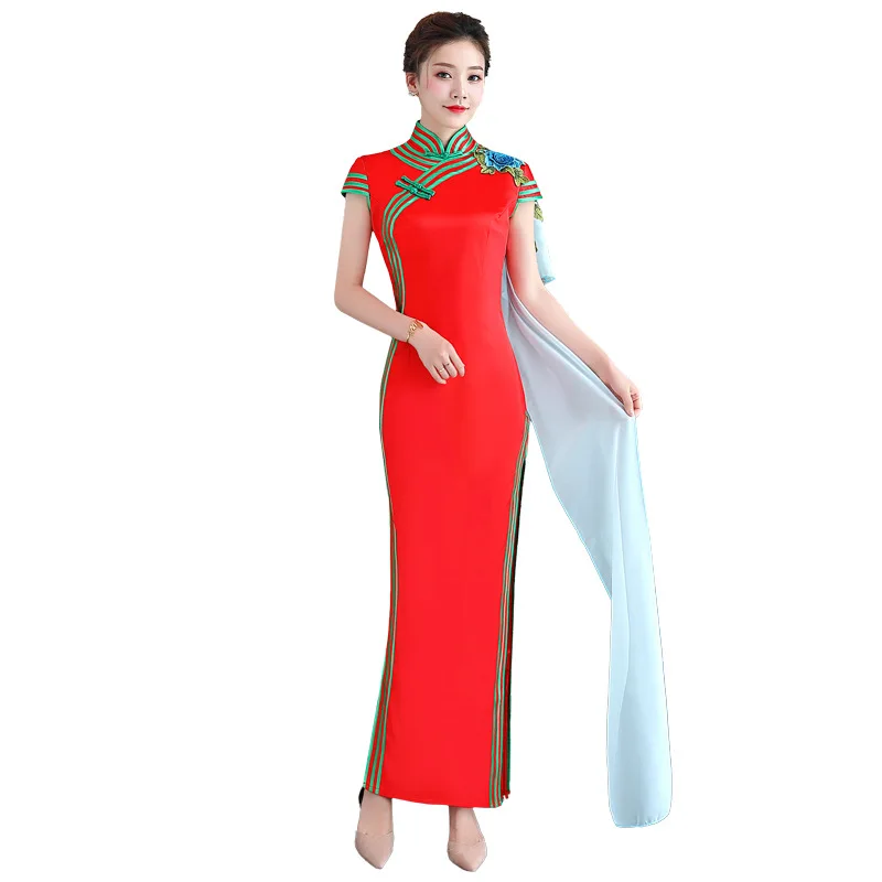 Красный Винтаж женское платье Ципао с лямкой на шее короткий рукав вечерние