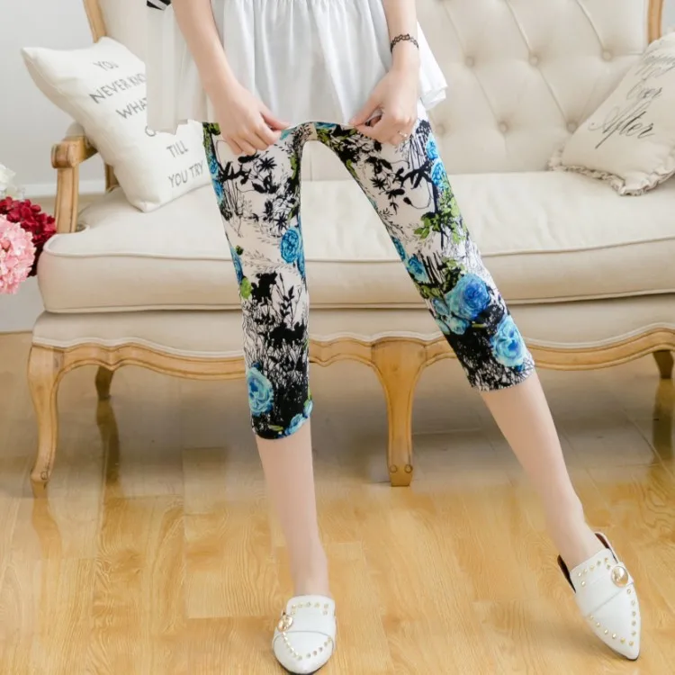 

Summer 2021 Stretch Thin Milk Silk Sanded Seven-point Plus Size Leggings Thin Pants Women Printing