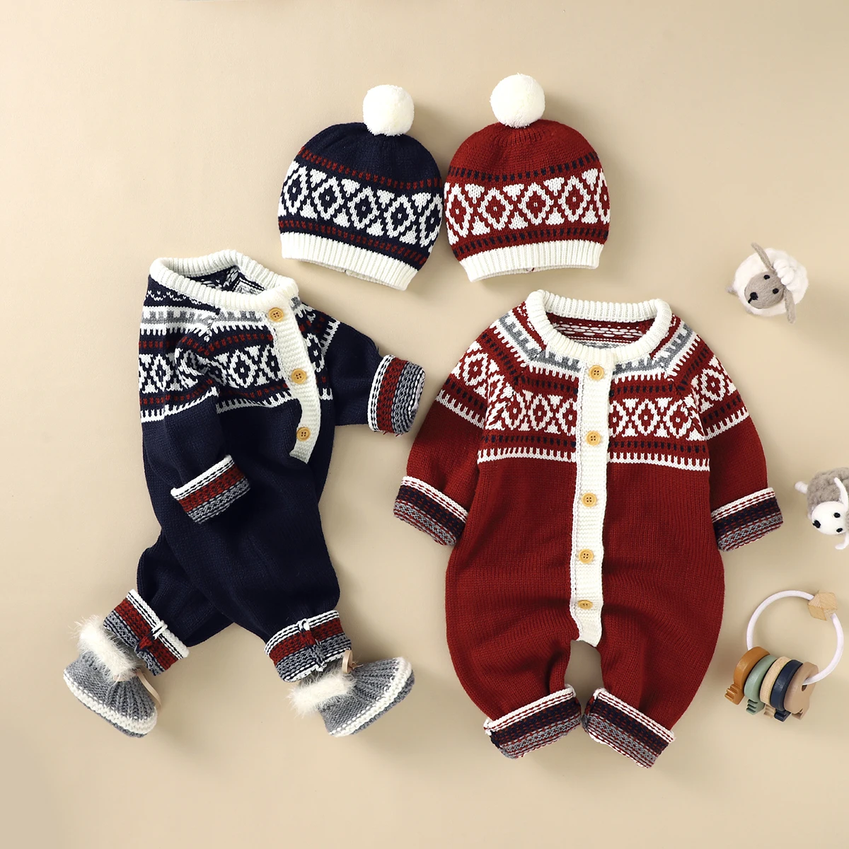 

2022 Infant Newborn Baby Girls Boys Knitted Santa Christmas Warm Romper Long Sleeve Jumpsuits +Hat 2Pcs Soft Winter Outfits