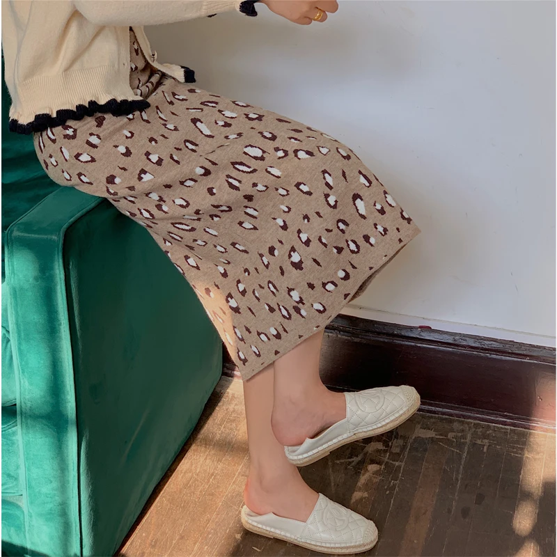 TingYiLi хаки серый розовый Леопардовый свитер юбка-карандаш Осень Зима трикотажная