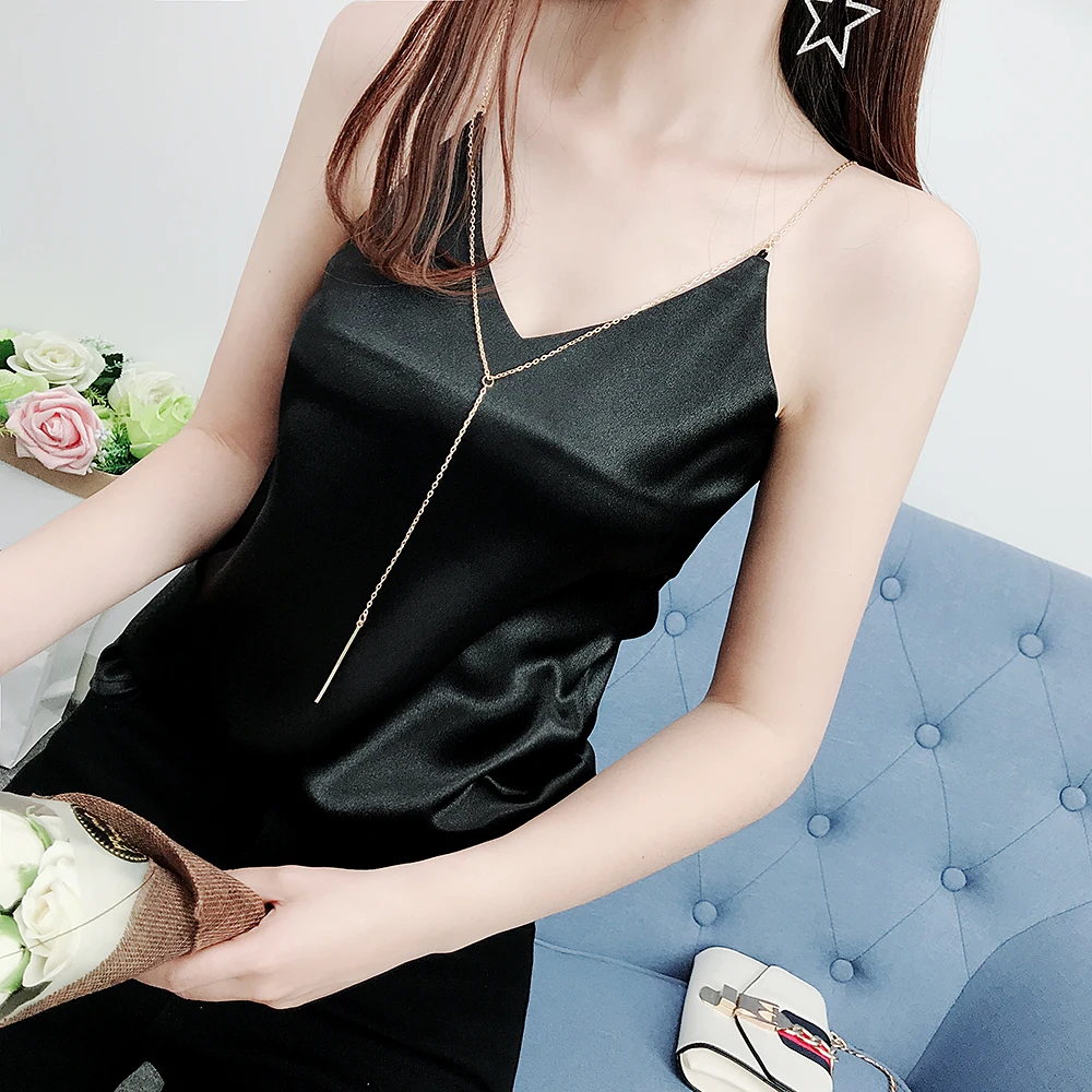 Атлас Для женщин Твердые майки Топ Спагетти ремень Лето рубашки спинки пикантные