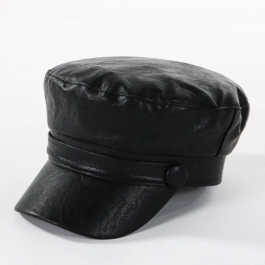 Women Fashion Leather Military Hats Winter Vintage Black Leather Snapback Caps Female Newsboy Hat Casequette Beret Caps