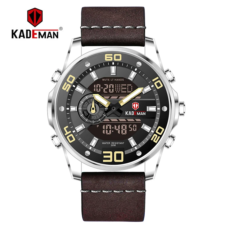 6156G-S-Y-BN KADEMAN, Роскошные мужские часы, Tech, светодиодный, цифровые, спортивные часы, 3 АТМ, водонепроницаемые, Топ бренд, модные кожаные Наручные часы, Relogio Masculino - Цвет: 6156G-S-Y-BN