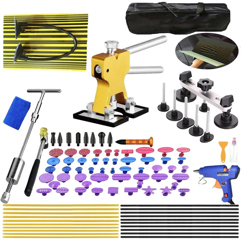 barato 96 Pçs Usb Led Carro Dent Verificação Placa Ue Plug Cola-pistola Paintless Dent Ferramenta De Reparo Kit De Ferramentas De Remoção De Dente Plugue Da Ue
