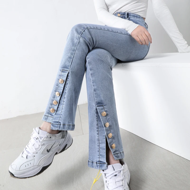 

High Waist Jeans for Women Bell-Bottom Pants Spring and Autumn New Light Color Front Slit Slim Slimming Slightly Pull Mop Pants