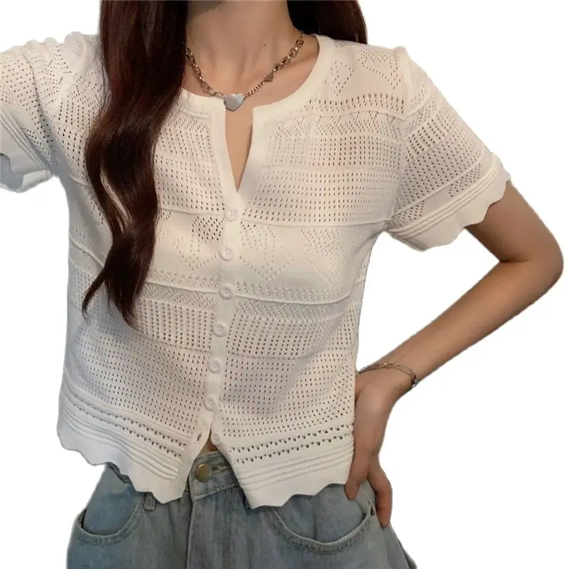 

Вязаный кардиган из ледяного шелка с v-образным вырезом, тонкий трикотажный топ для похудения, универсальная женская одежда, лето 2021