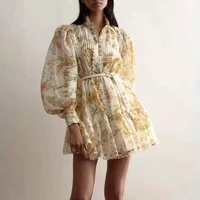 high quality newest 2021 summer fashion single breasted lantern sleeve printed dress