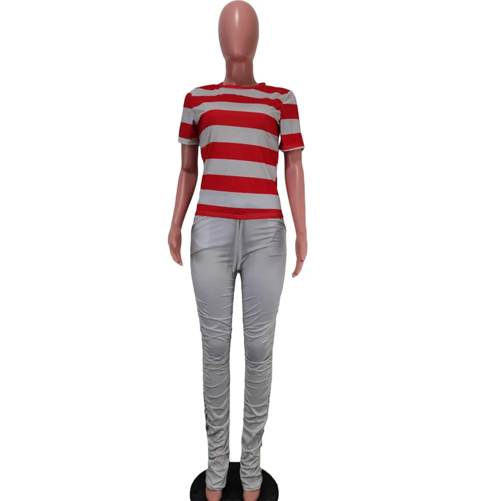 

Casual Workout Two Piece Tracksuit Clothes for Women Striped Print Short Sleeve Top Tees and Stacked Skinny Pant 2 Piece Outfits