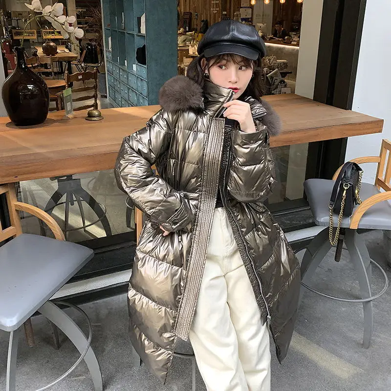 Punk Women Winter Gold Down Cotton Jacket Fashion Glossy Black Hooded Thick Shiny Loose Real Fox fur Warm Parkas Lady Coat |