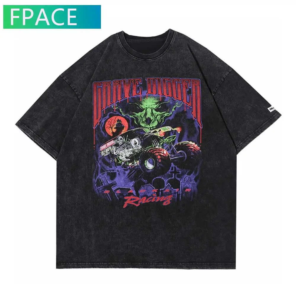 

FPACE Harajuku Streetwear T-Shirts Summer Devil Racing Print Tshirts Short Sleeve Cotton Mens Hip Hop Casual Loose Tops Tees