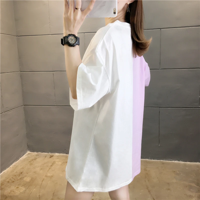 

Spliced Color Harajuku Hip Hop T Shirt Women Harajuku Letter Print Loose Cotton Korean Fashion T-shirt Femme O-neck Summer