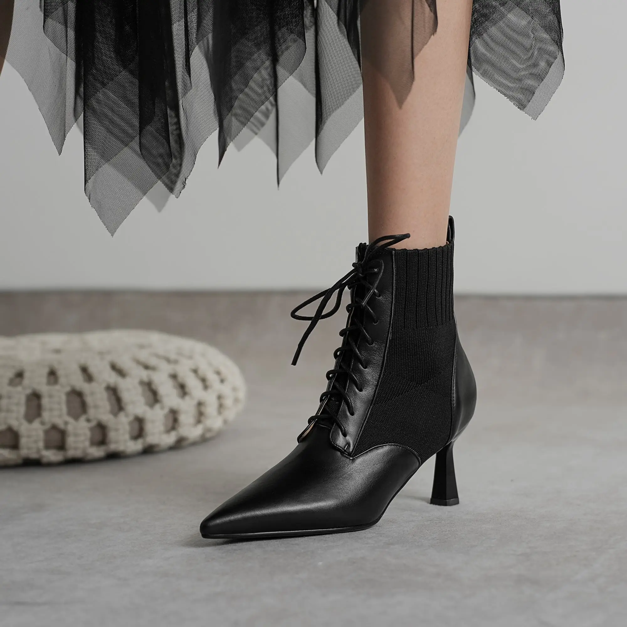 

Lenkisen knitting boots natural leather high street fashion thin high heel pointed toe lace up gladiator mature ankle boots L38