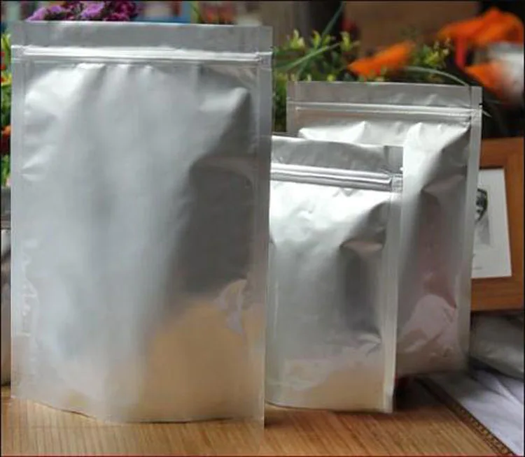 

wholesale 9-37cm Silver Pure Aluminum Stand Up Ziplock Plastic Bag 100pcs/lot for food Sugar Tea Storage Reclosable Bag