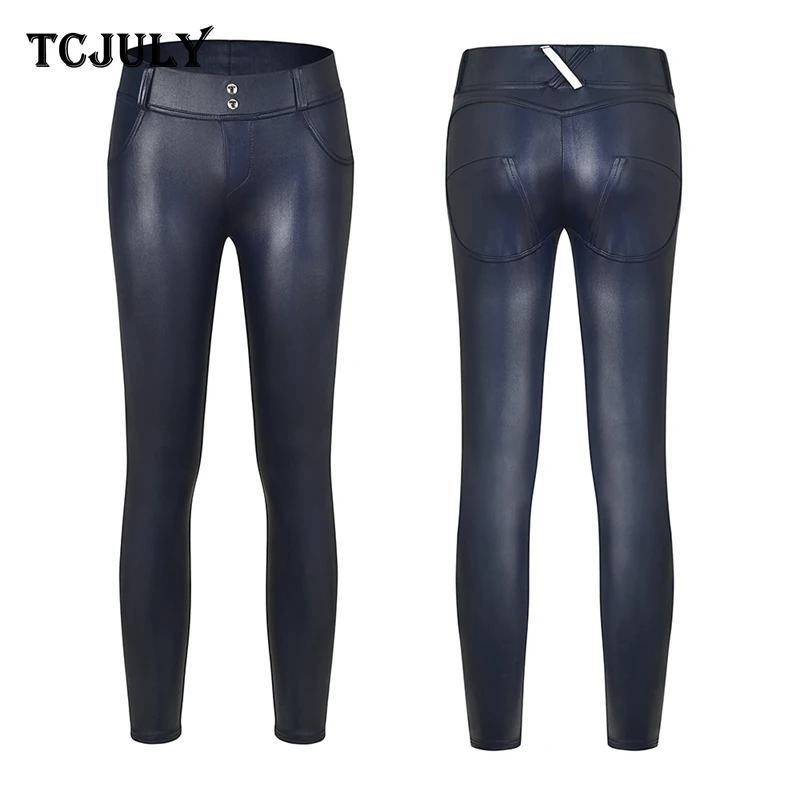 TCJULY Лидер продаж однотонные узкие брюки из искусственной кожи с пуш-ап высокой