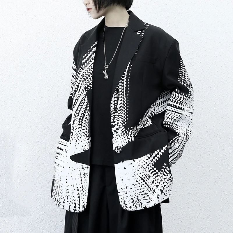 

[EAM] Women Black Pattern Printed Big Size Blazer New Lapel Long Sleeve Loose Fit Jacket Fashion Spring Autumn 2021 1DD5515