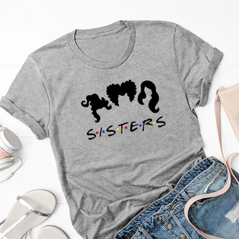 

Starqueen-JBH Sisters Printed Halloween Friend T Shirt White Short Sleeve O-Neck Pure Cotton Female Soft Tops Ulzzang Harajuku