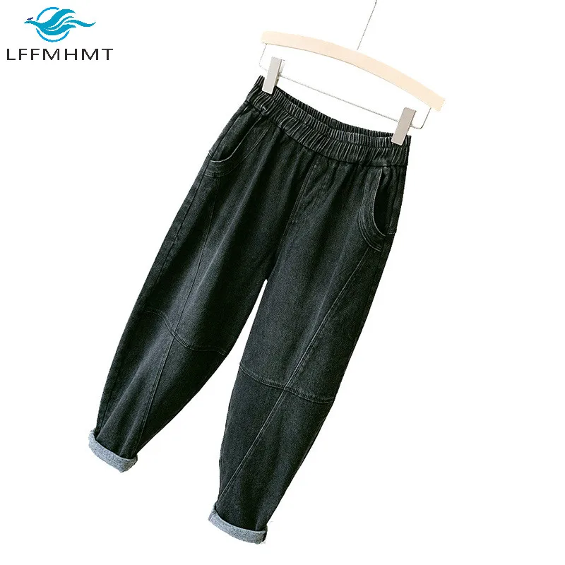 

Women Winter Fashion Elastic Waist Thicken Harem Pants Office Lady Retro Loose Casual Denim Jeans Female Ankle Length Trousers