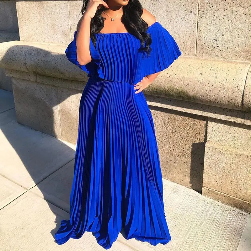 Бохо сексуальное со спущенными плечами Плиссированное Длинное Макси платье