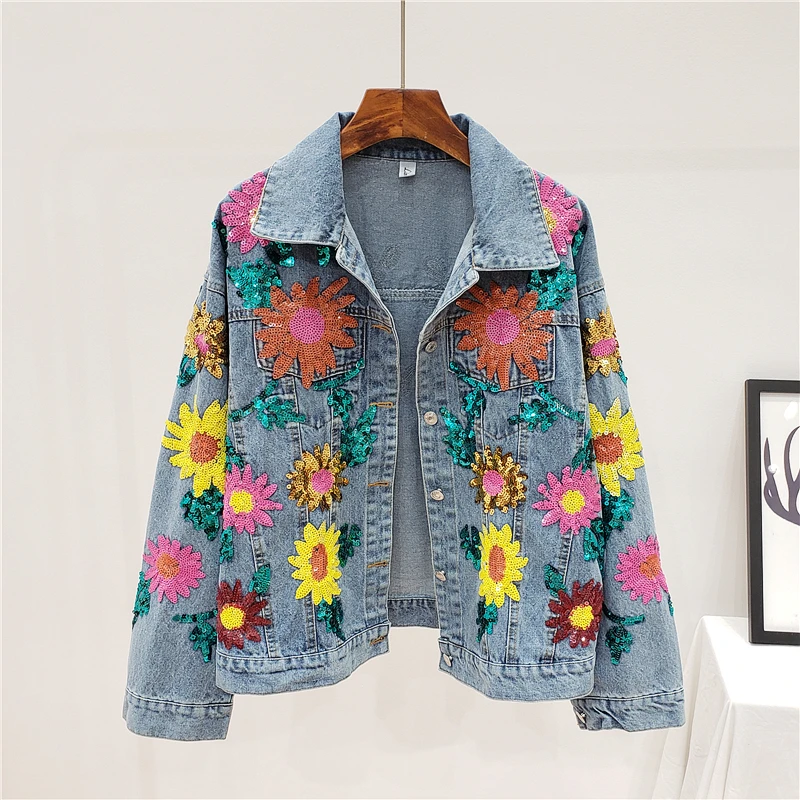 

Heavy Work Sequins Flowers Long Sleeve Denim Jacket Coat Women Autumn Fashion Student Outerwear Loose Short Jeans Jackets Female