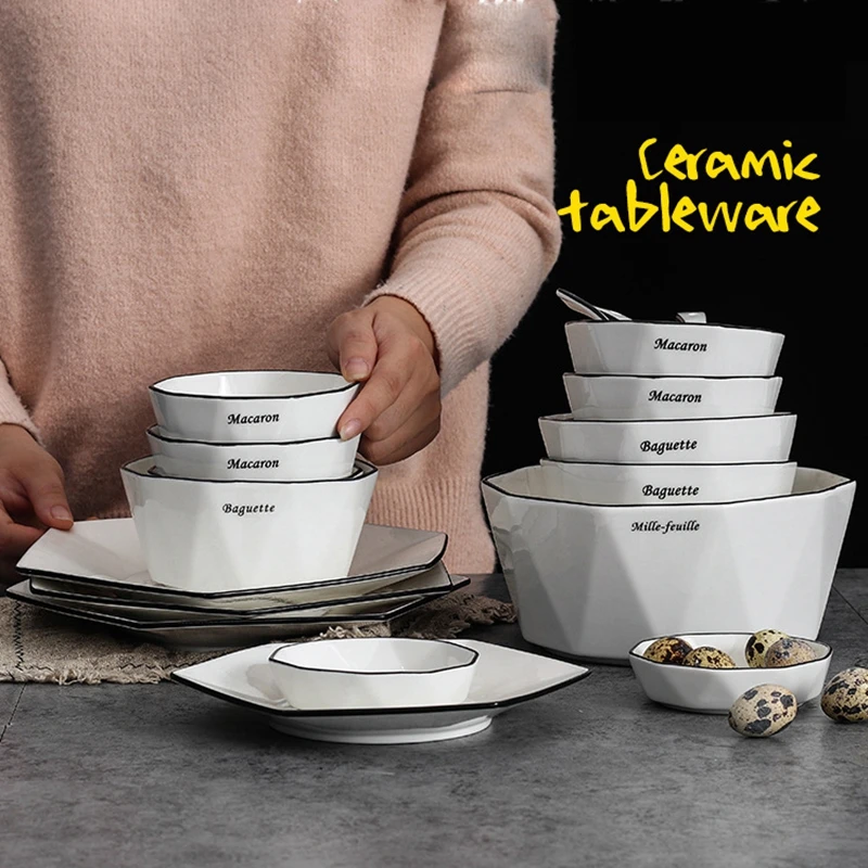 

Household Ceramic Tableware Set Creative Simple Plate Ins Style Logo Dinner Plates Set Dessert Diamond Plate Restaurant Utensils