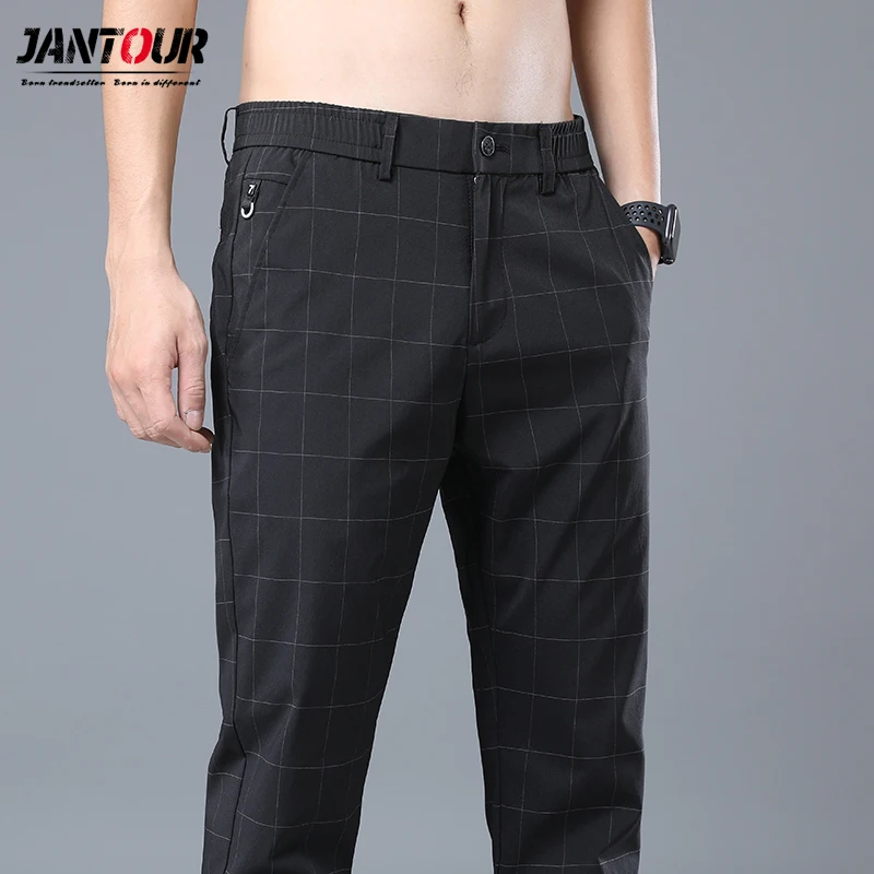 

2020 New Casual Pants Men Fit Plaid Fashion Gray black Trousers Male Brand Clothing business work pant 28-38
