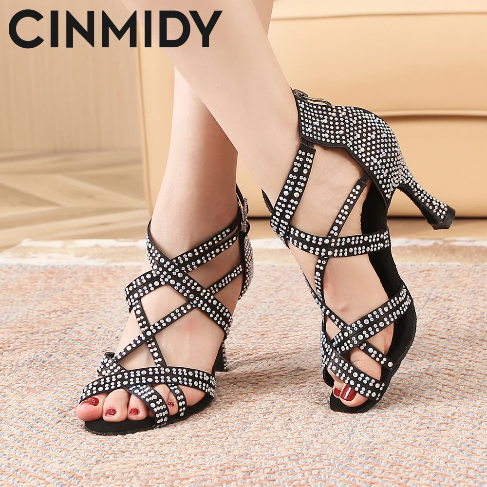 

CINMIDY New Woman Latin Dance Shoes Rumba Samba Ballroom Party Ladies Sandals Shiny Rhinestone Wedding High Heels 5CM-10CM
