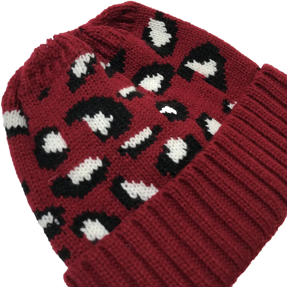 

Knitting Wool Women Winter Beanie Hat Leopard Printted Warm Hat Soft Ladies Adjustable Ponytail Beanies