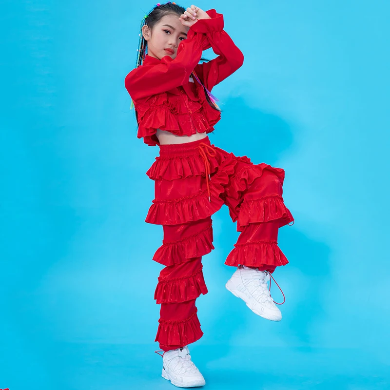 Танцевальные костюмы в стиле хип хоп для девочек детский красный топ брюки