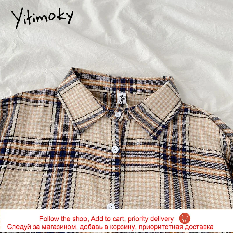 

Yitimoky Plaid Shirt Women Korean Fashion Solid Top Long Sleeve Harajuku Button Casual Vintage Blouse 2021 Spring Summer New
