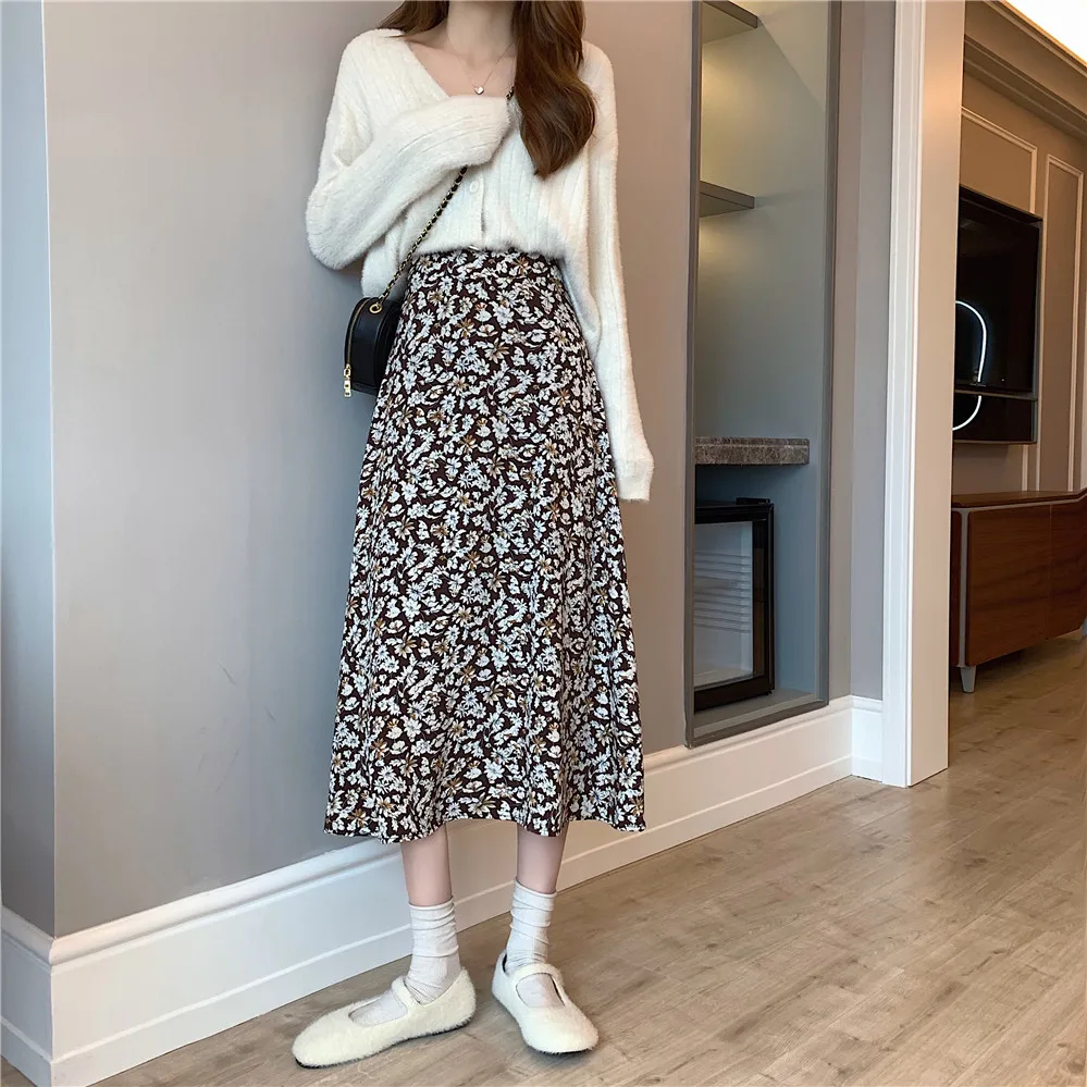 

Vintage Floral Print Skirts Spring Autumn Women Elastic Waist Midi Skirt
