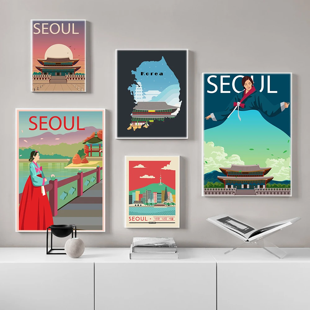

Seoul City South Korea Tour Travel Landscape Painting Nordic Wall Pictures Poster Cartoon Print Canvas Livingroom Home Art Decor