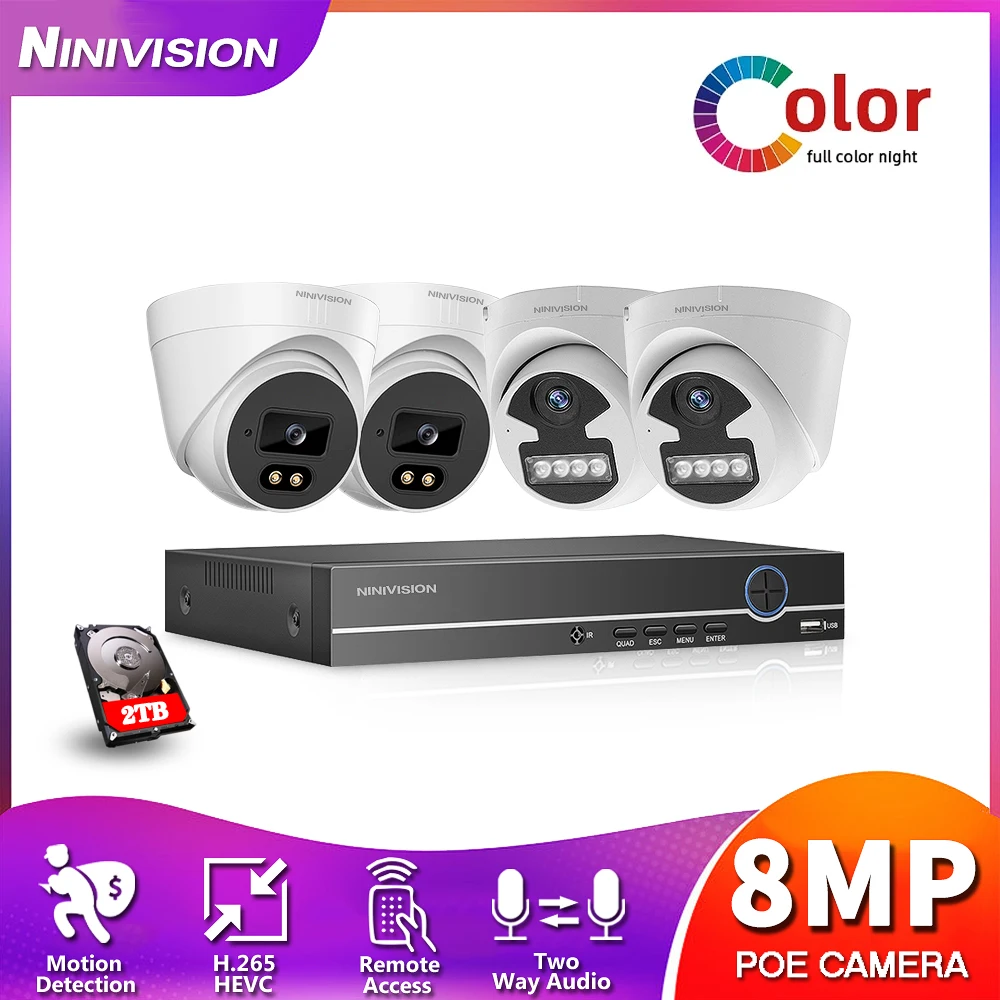 

Система видеонаблюдения NINIVISION, 4 канала, 4K, POE, 8 Мп, двустороннее аудио